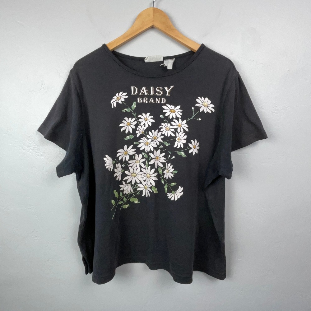 Vintage Basic Editions Shirt Women XL Black Daisy Brand Floral Graphic Tee